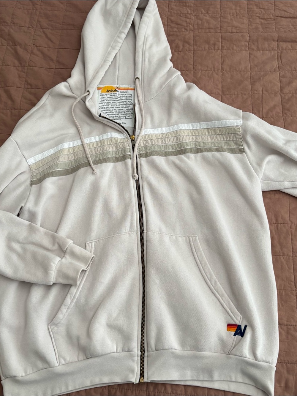 Aviator Nation Light Cream Zip-Up Hoodie with Stripe Detail XXL never worn